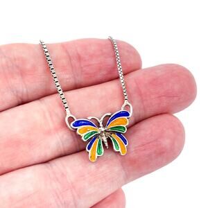 Estate Italy Sterling Silver 925 Enamel Butterfly Pendant Necklace 15.5”